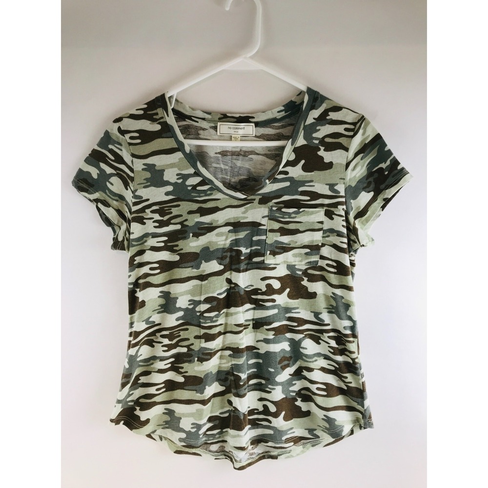 No Comment Shirt Women's Size Large Green Brown Camo Camouflage V-neck Short Slv